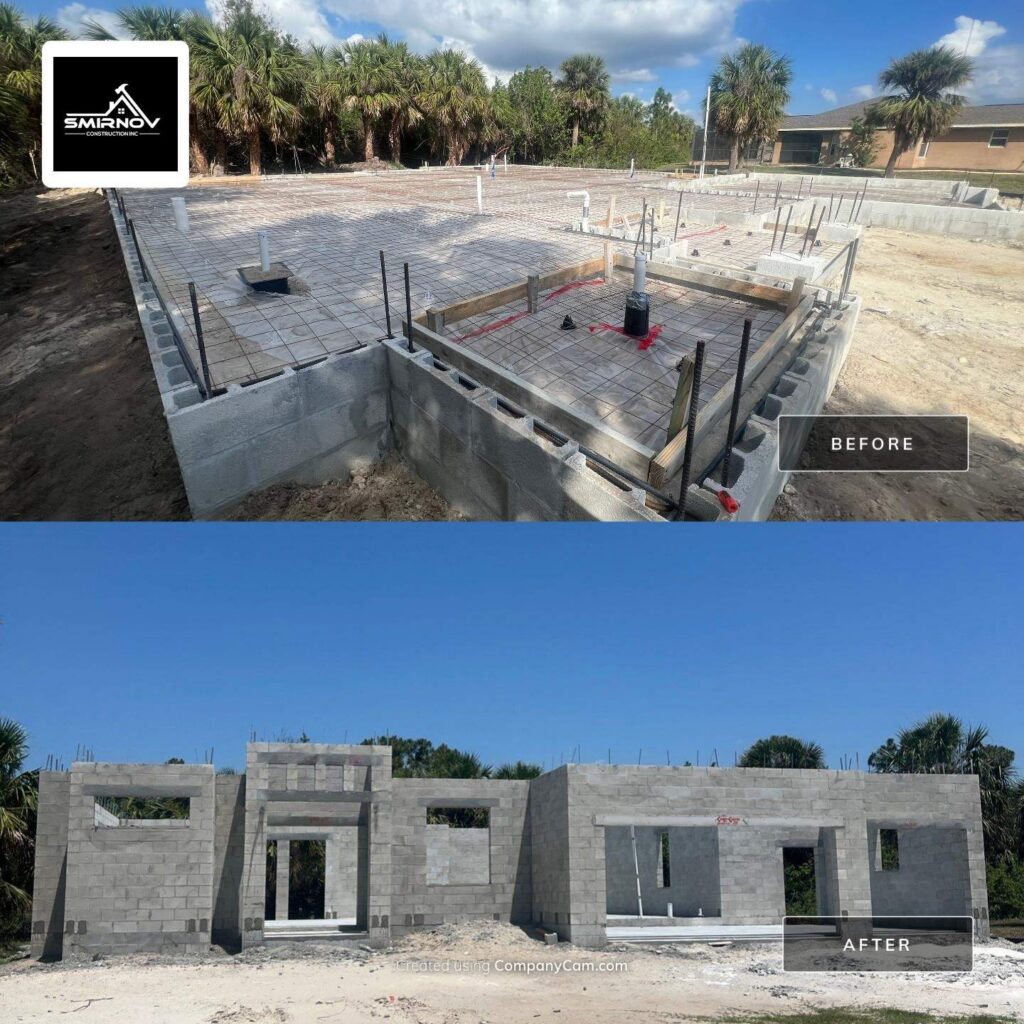 Before and after photos of a new home construction foundation project by Smirnov Construction in Southwest Florida